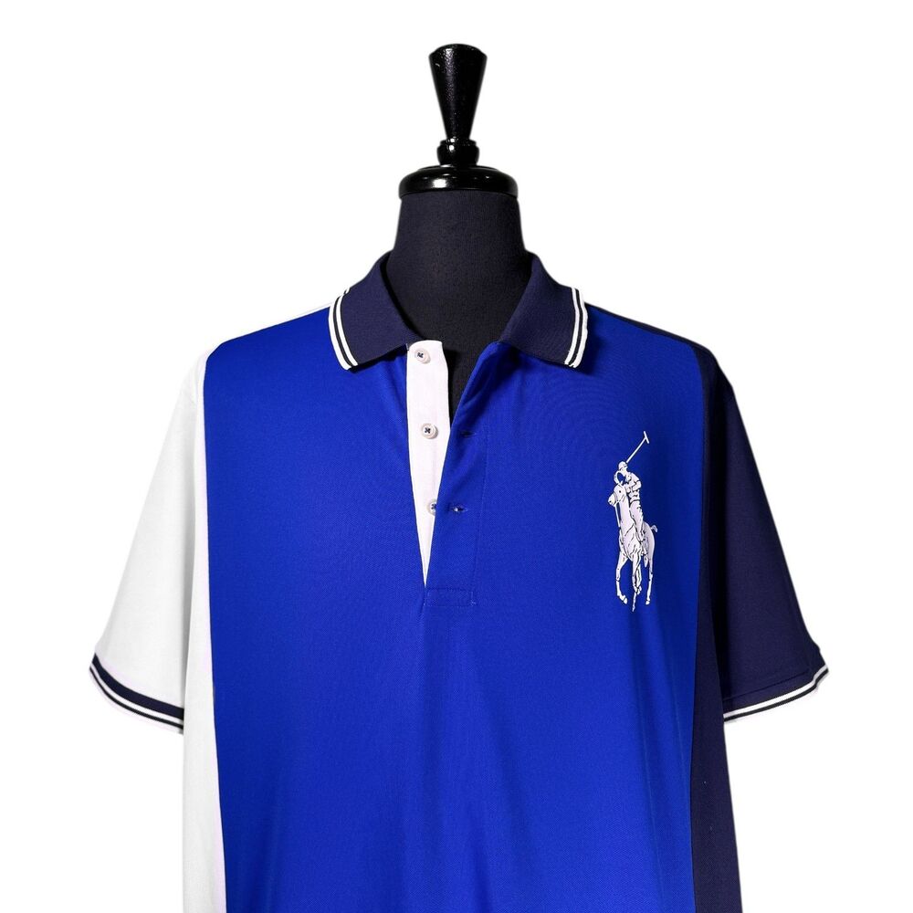 Polo Ralph Lauren Mens XXL Blue White Colorblock Performance Polo Shirt Big Pony - Picture 4 of 7
